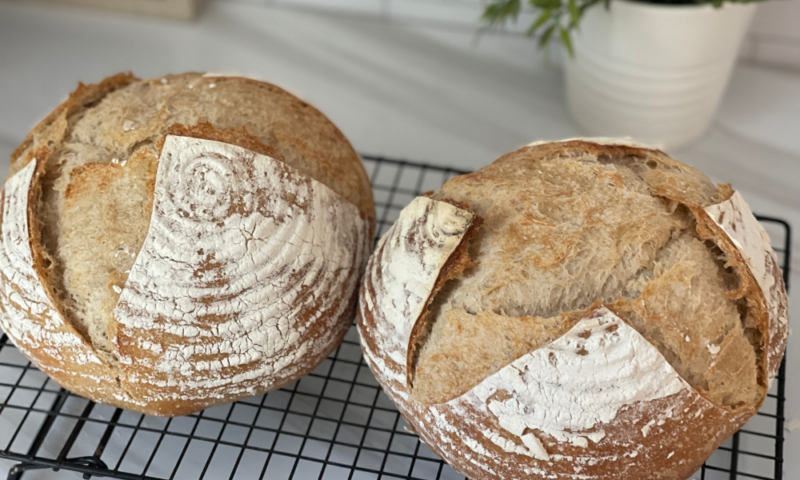 two round loaves of white spelt bread 