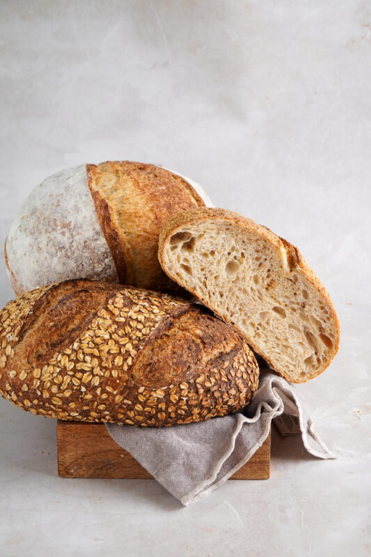 Three loaves of sourdough whole grain spelt bread